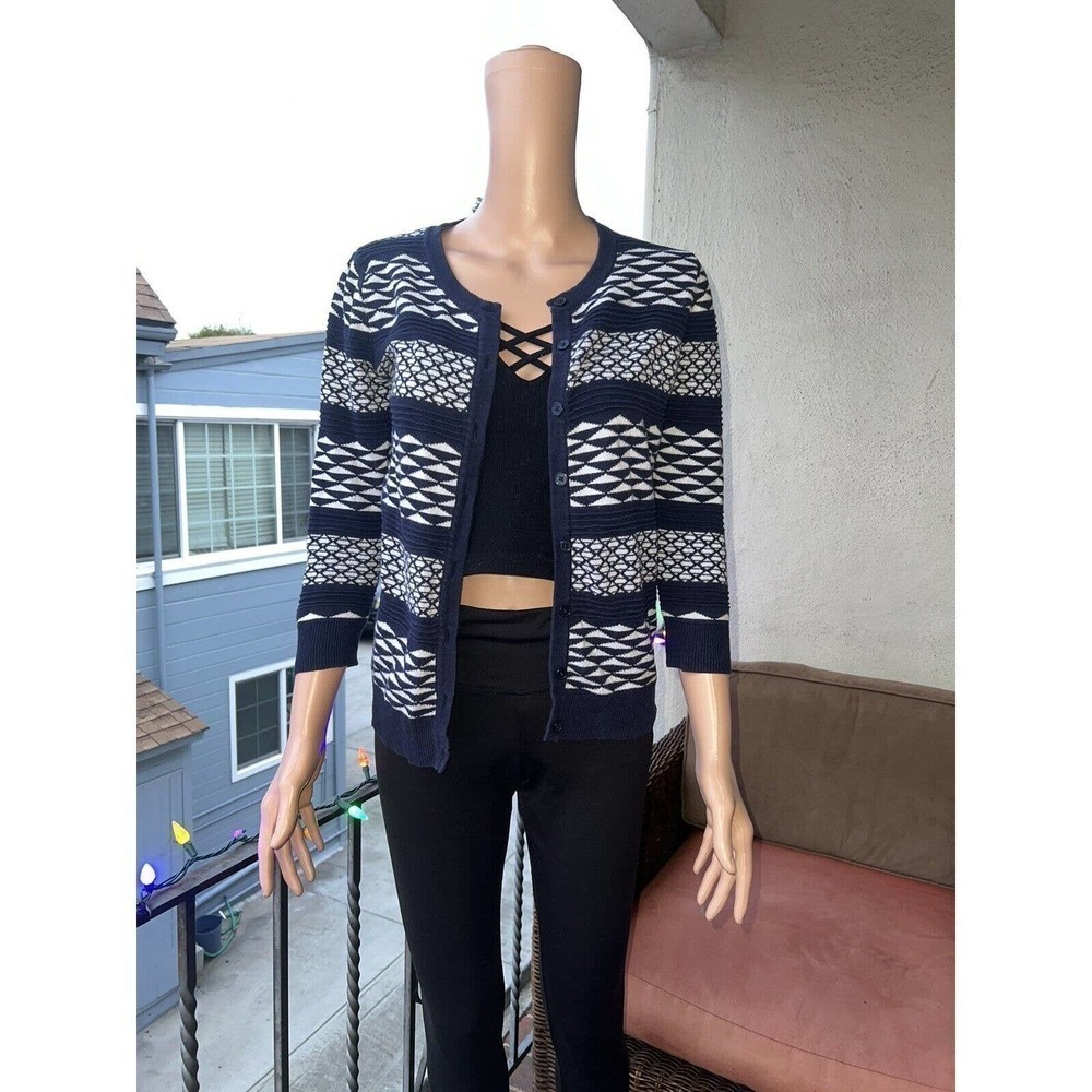 Merona Button-Up Womens Knit Sweater Cardigan 3/4 Sleeve Blue White S